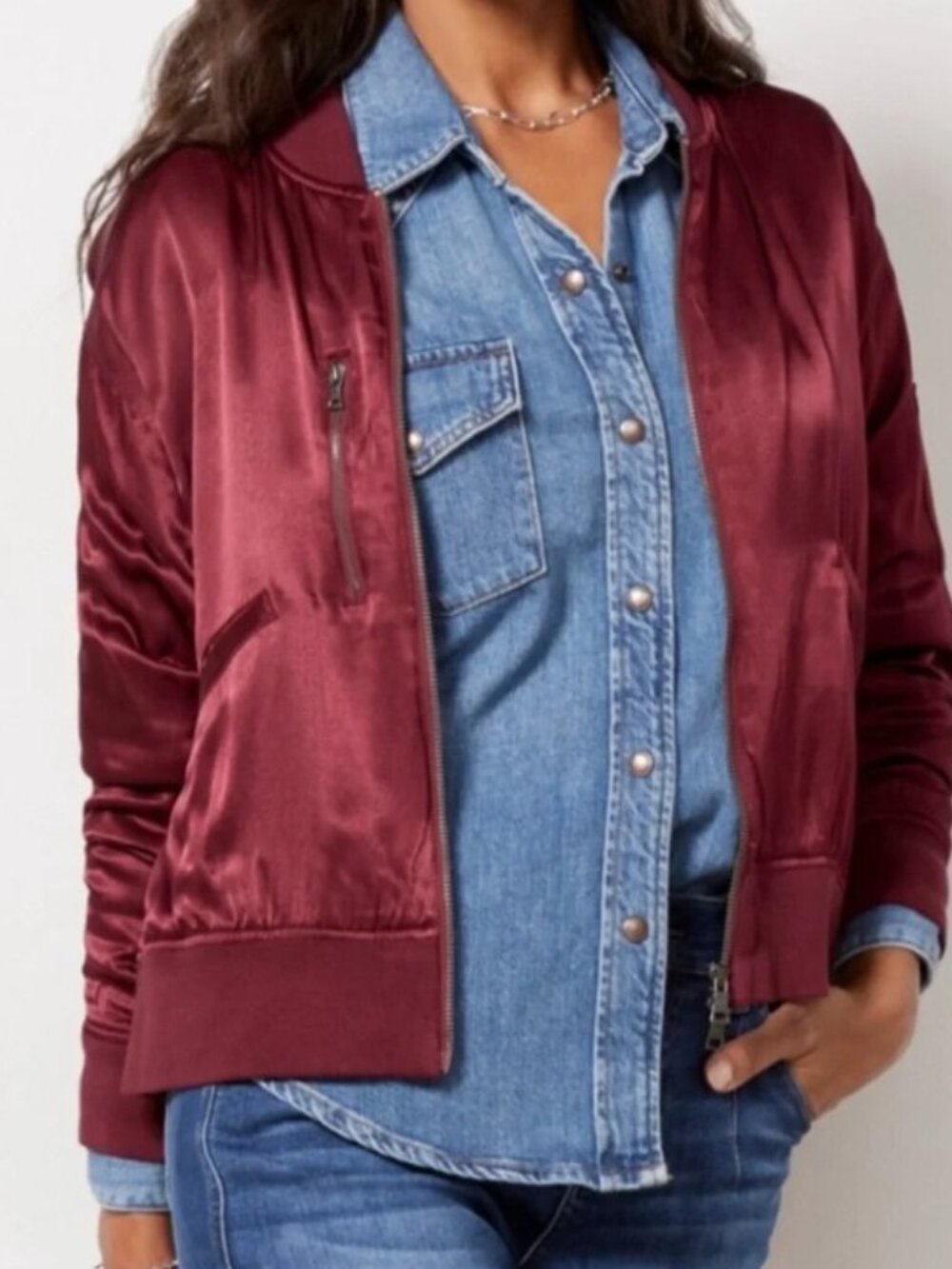 Evereve Gemma Satin Bomber Jacket | Merlot | Size XL Sleek Chic Comfy stylish